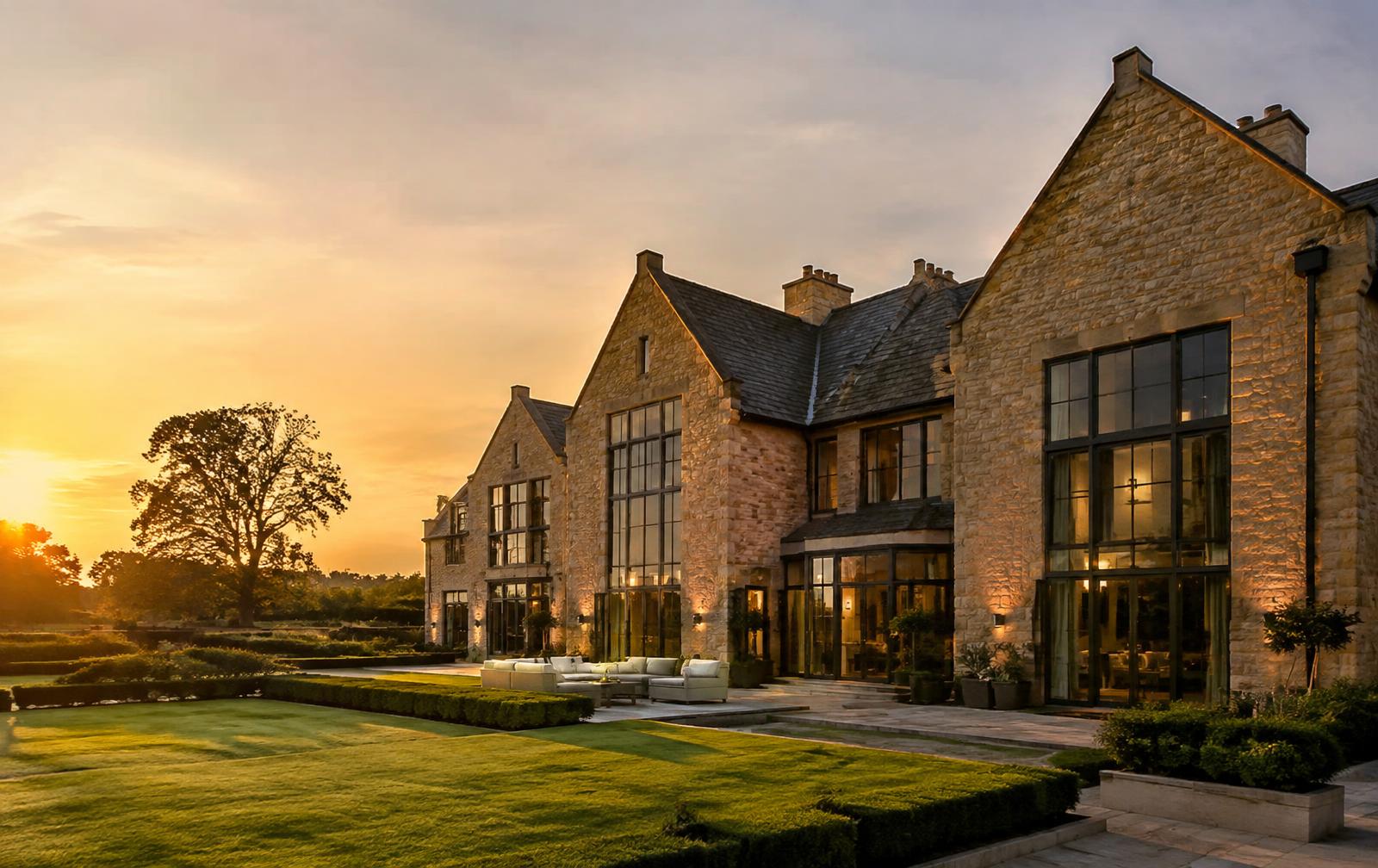 A premium stone country house at sunset
